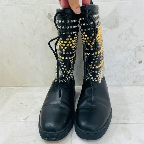 LOUBOUTIN {38} Boots Leather Studded Accents Lace-Up Boots - Picture 2 of 16